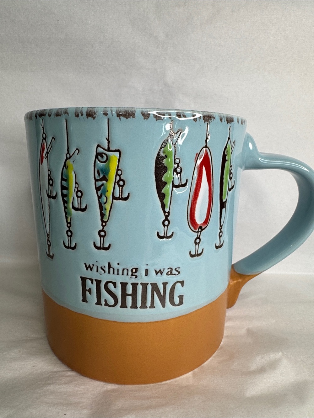 Wishing I Was Fishing Ceramic Mug - Blue and Brown